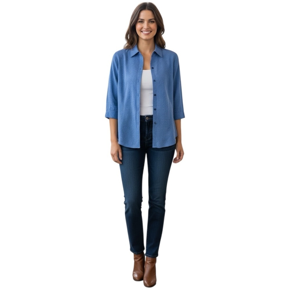 Notations Size L Blue Checkered Button Up Rayon Blend Blouse